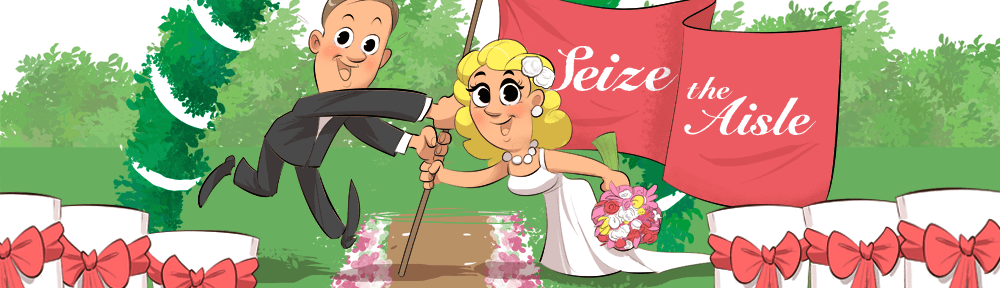 bride and groom holding flag with text "seize the aisle" standing in front of their wedding arch